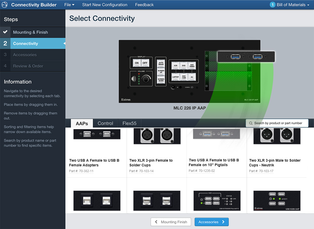 Drag-and-drop tool - Quickly configure the architectural connector enclosure with the desired functionality