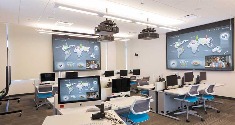 Photo of a classroom with computers