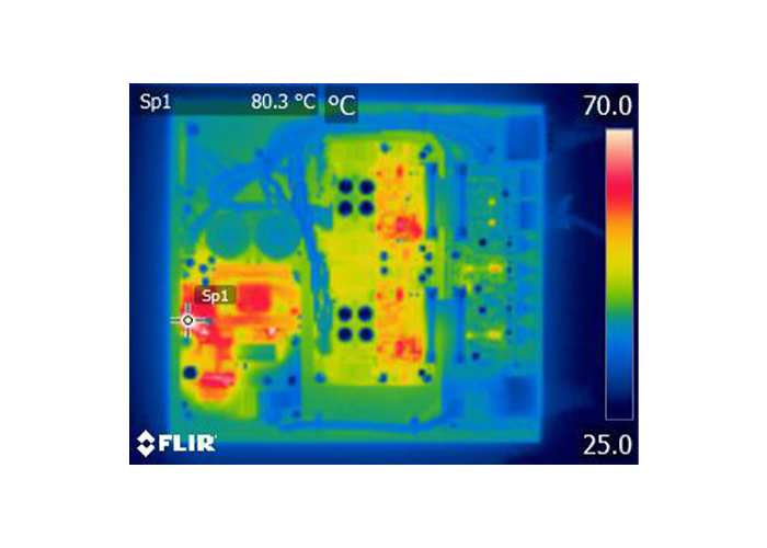 Thermal imaging of competitive amplifier showing warm and hot internal components.