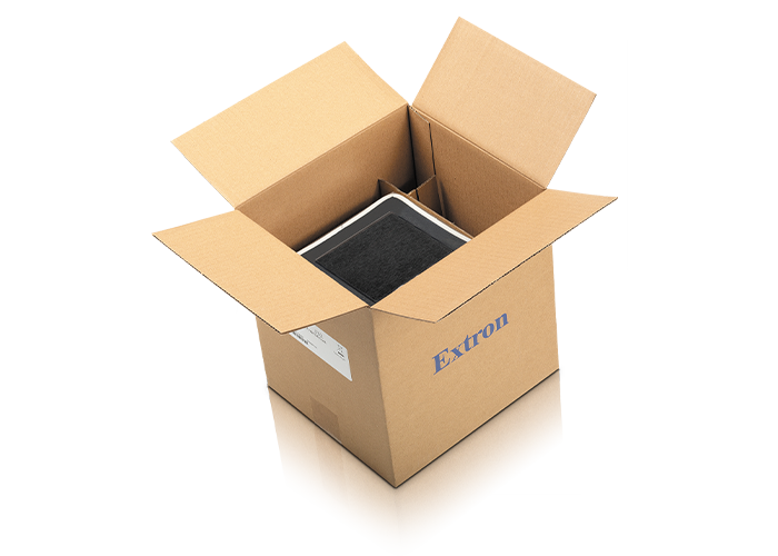 Extron shipping carton with biodegradeable folded cardboard inserts.