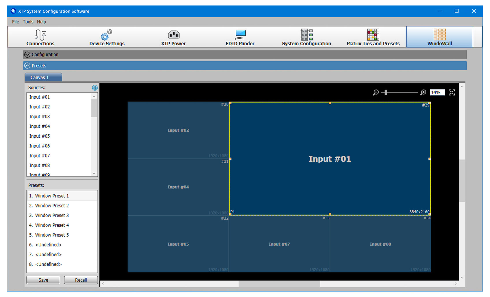 XTP Videowall presets configuration screenshot