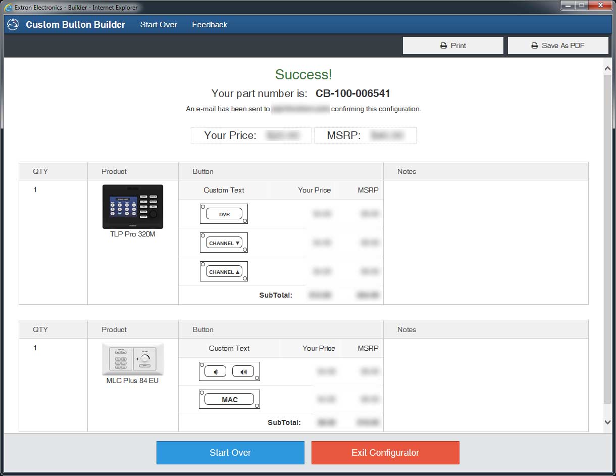 When you’ve finished building your buttons, the Success screen provides a quick summary with a part number