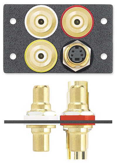 AV Super Module: Two RCA Female to Female Barrels - Audio, Red / White; One RCA Female to Female Barrel - Video, Yellow; One S-Video Female to Female Barrel - Black