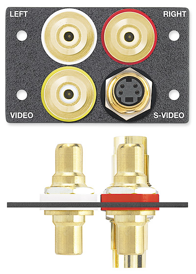 AV Super Module: Two RCA Female to Female Barrels - Audio, Red / White; One RCA Female to Female Barrel - Video, Yellow; One S-Video Female to Female Barrel - Black with Silkscreen