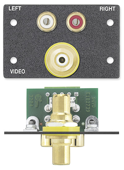 Two RCA Female to Captive Screw - Audio, Red / White; One RCA Female to Female Barrel - Video, Yellow - Black with Silkscreen