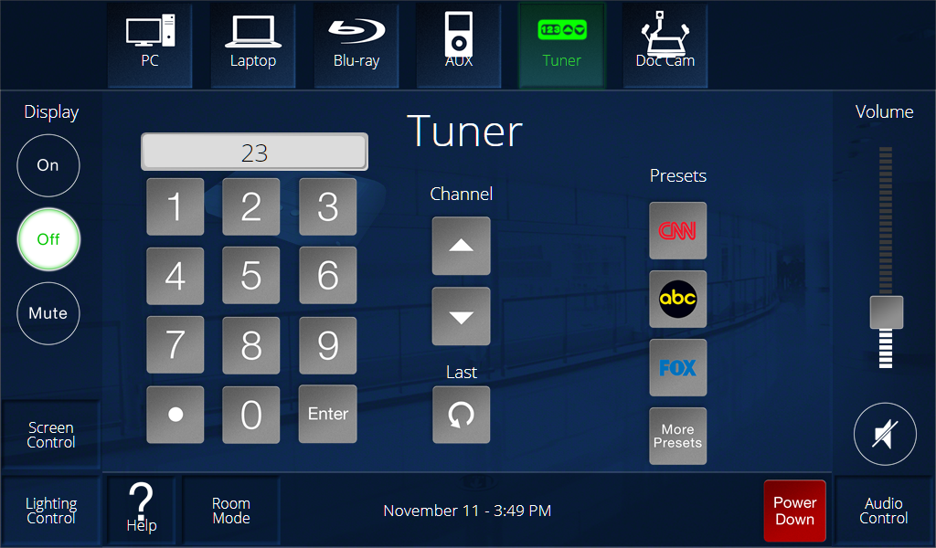 A dark blue screen with various buttons such as keypads, channel, and volume.