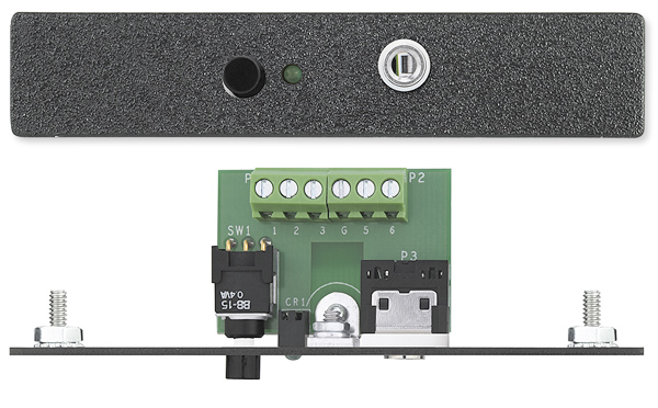 One Normally-Closed Momentary Switch: Single Pole with LED; One 3.5 mm Stereo Mini Jack