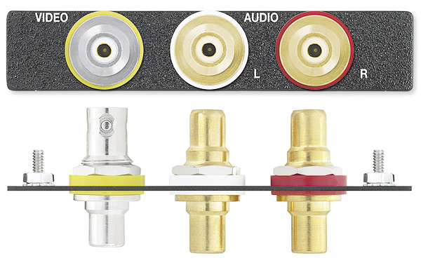 One RCA Female to BNC Female Adapter, Two RCA Female to Female Barrels - Black with Silkscreen