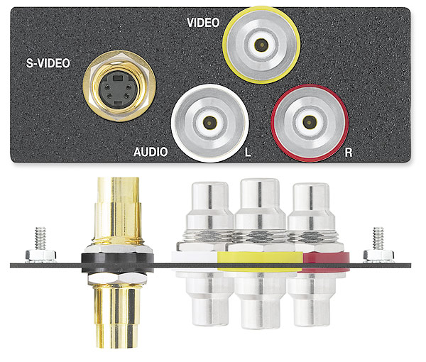 One S-Video Female to Female Barrel, Three RCA Female to Female Barrels - Black with Silkscreen