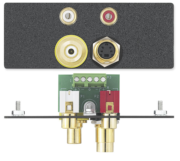 Two RCA Female to Captive Screw Terminal - Audio, Red/White; One RCA Female to Female Barrel - Video, Yellow; One S-Video Female to Female Barrel