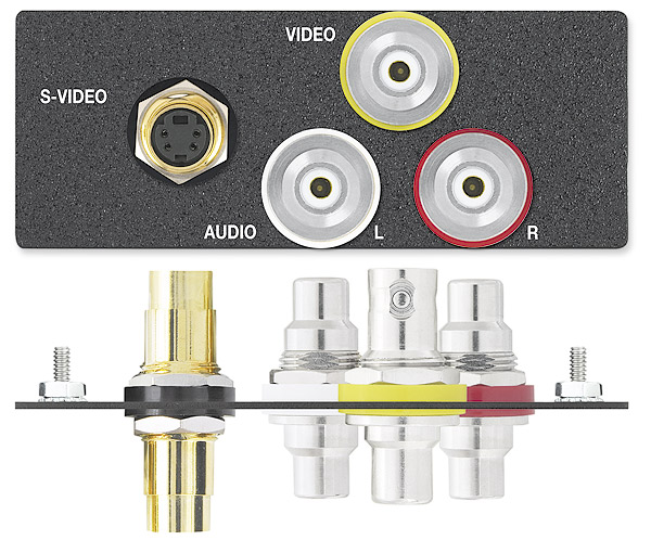 One S-Video Female to Female Barrel, One RCA Female to BNC Female Adapter, Two RCA Female to Female Barrels with Silkscreen - Black with Silkscreen