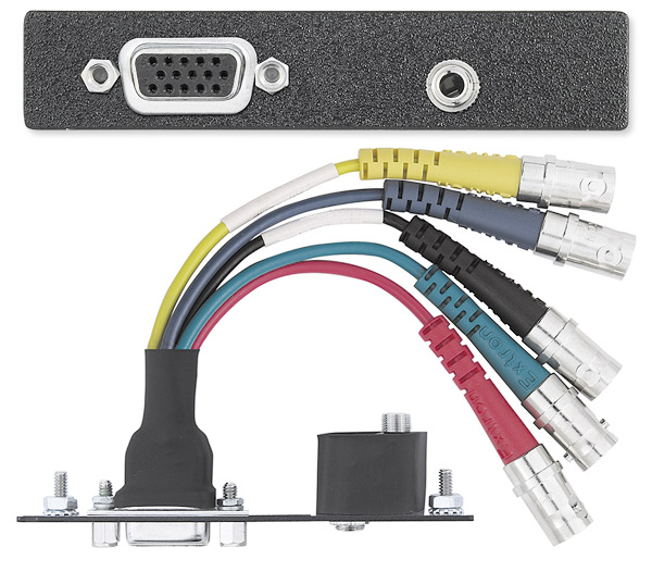 One 15-pin HD Female to Five BNC on 8-12" Staggered Length Pigtails, One 3.5 mm Stereo Mini Jack Barrel - Black