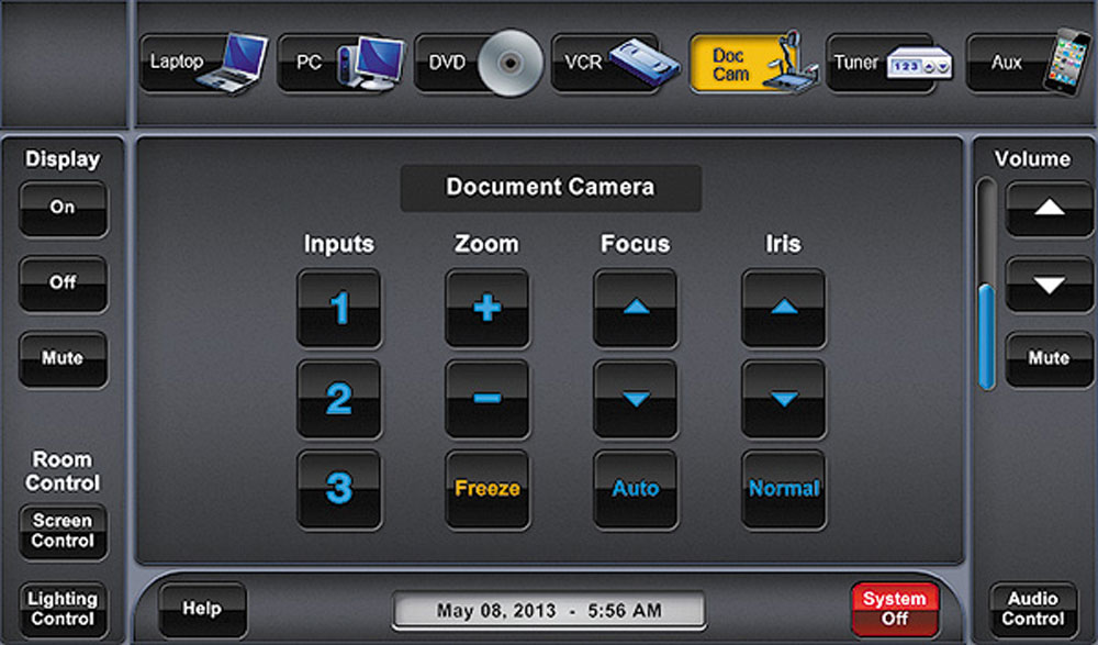 A gray Jet Resource document camera screen with inputs, zoom, and focus buttons.