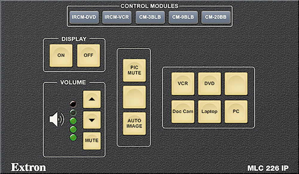 A gray MLC 226 IP GUI with various buttons such as display, volume, and control modules.