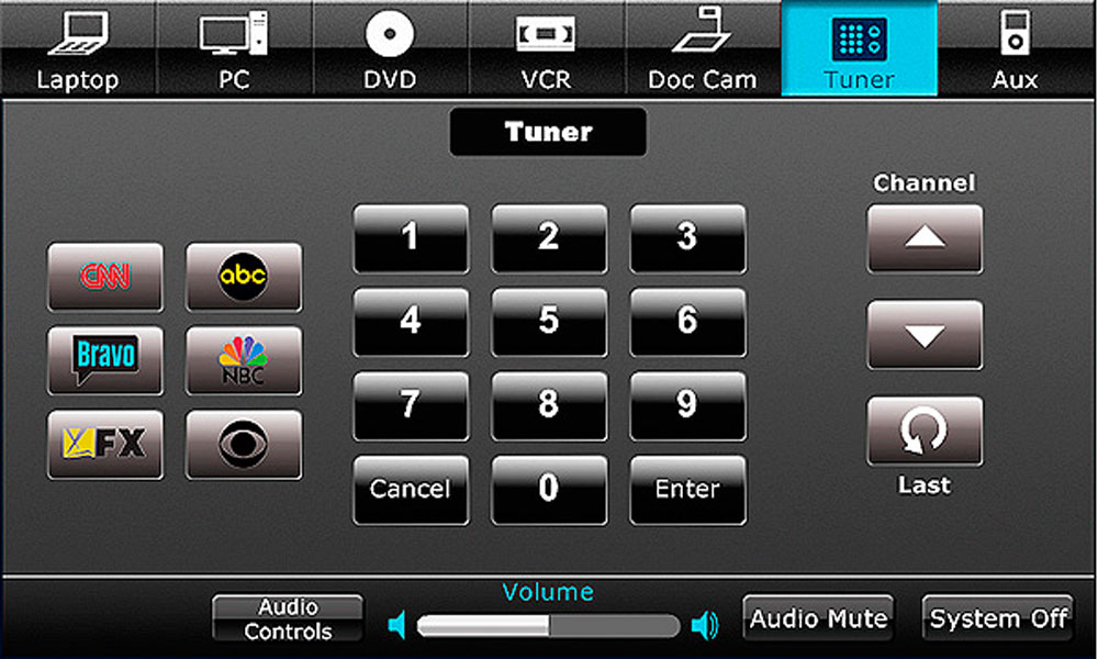 A black tuner screen with various buttons such as with keypads, channel, and volume.