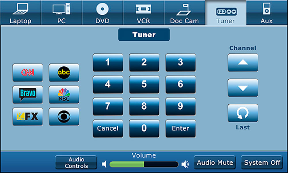 A light blue tuner screen with various buttons such as keybads, channel, and volume.