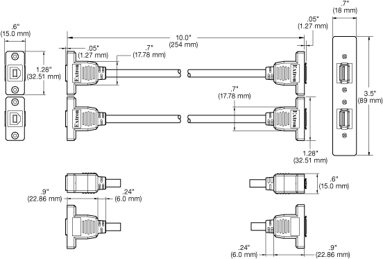 Two USB A Female to Two USB  B Female on Pigtails Panel Drawing