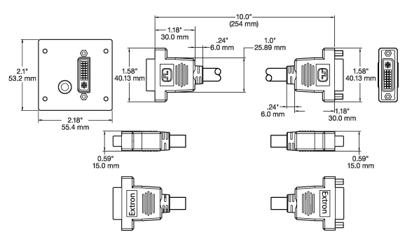 One DVI-I Female to One DVI-I Female on 10" Pigtail, One 3.5 mm Stereo Mini Jack to Solder Tabs Panel Drawing