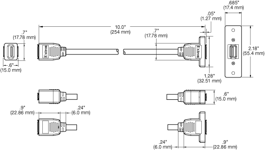 One USB A Female to Female on 10" Pigtail Panel Drawing