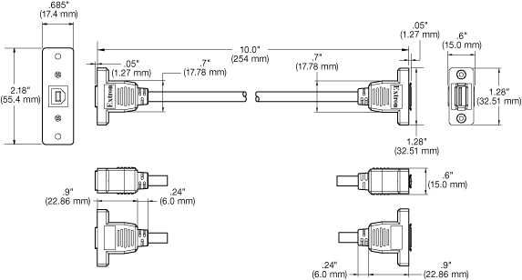 One USB B Female to One USB A Female on 10" Pigtail Panel Drawing