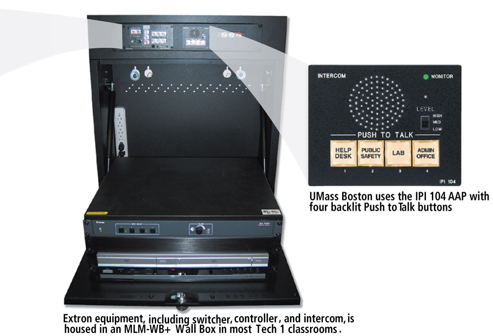 Extron equipment, inlcuding switcher, controller, and intercom, is houssed in an MLM-WB+ Wall Box in most Tech 1 classrooms