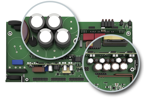 Close up of the NetPA power supply capacitors.