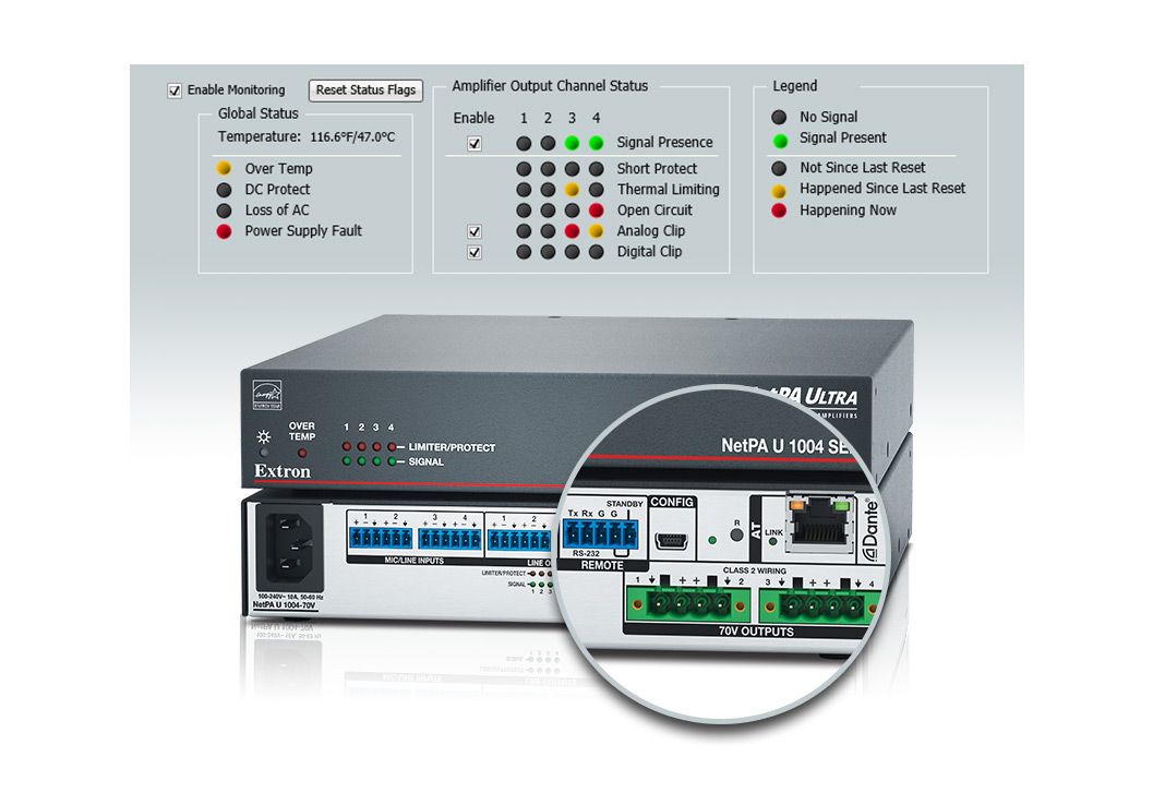 Close up of the NetPA rear panel showing the RS-232 and network ports.