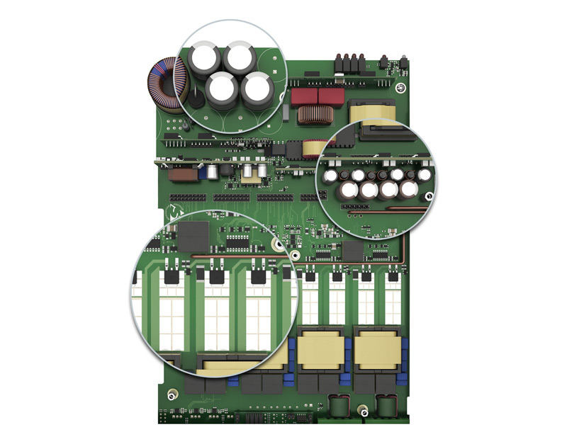 Inside view showing FETs placed several inches away from electrolytic capacitors.